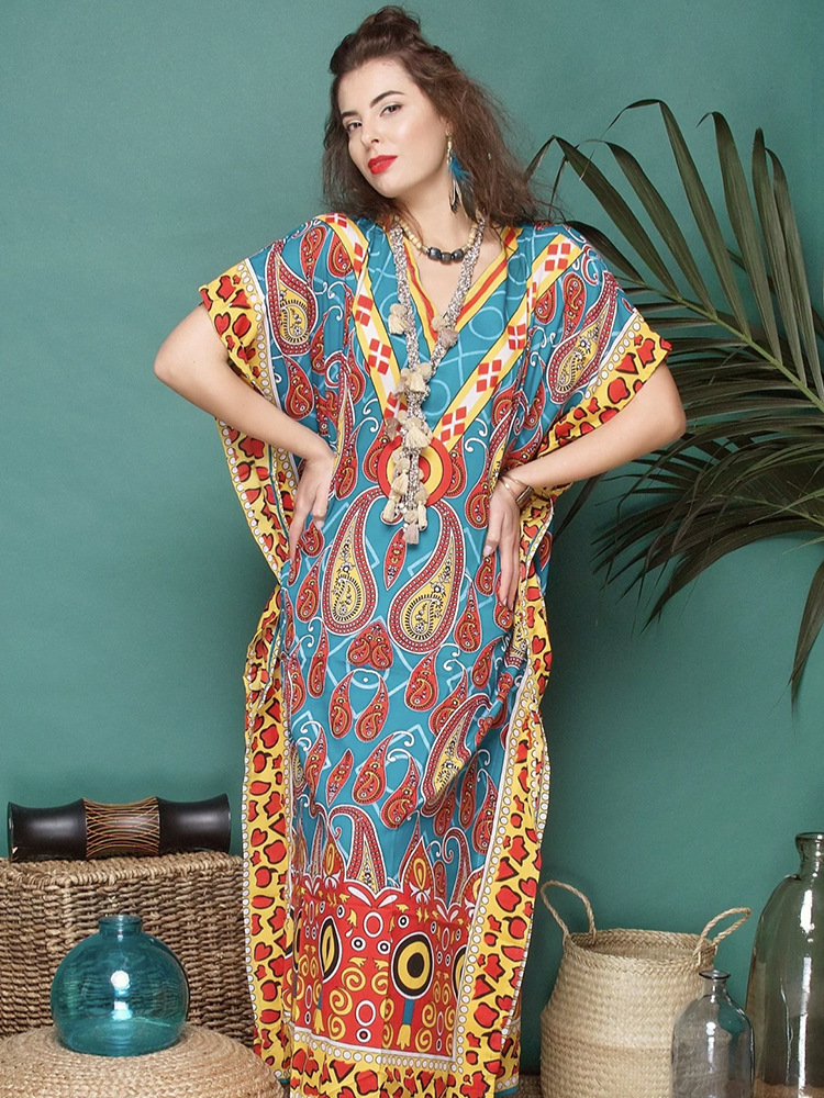 2023 nuevo transfronterizo europeo y americano rayón impreso playa blusa bikini ropa de protección solar ropa de playa de vacaciones 2301