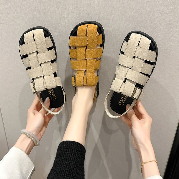 Sandali vintage con punta piatta da donna, primavera estate 2024, nuovi sandali alla moda con zeppa intrecciata e stivaletti romani da spiaggia_voghion.com
