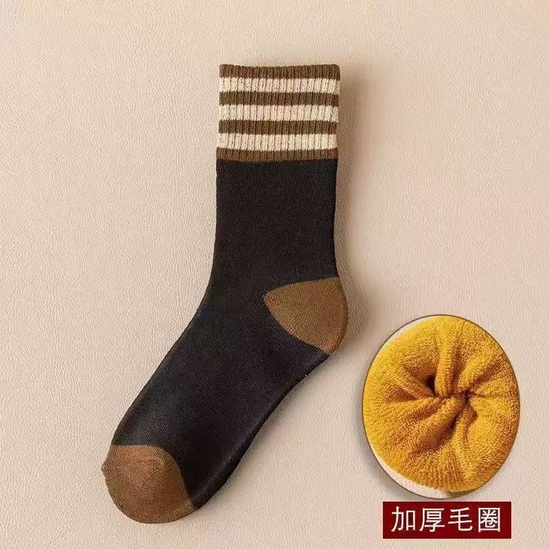 男女同款条纹毛圈中筒袜保暖加绒加厚毛圈雪地袜冬季弹力舒适柔软|undefined