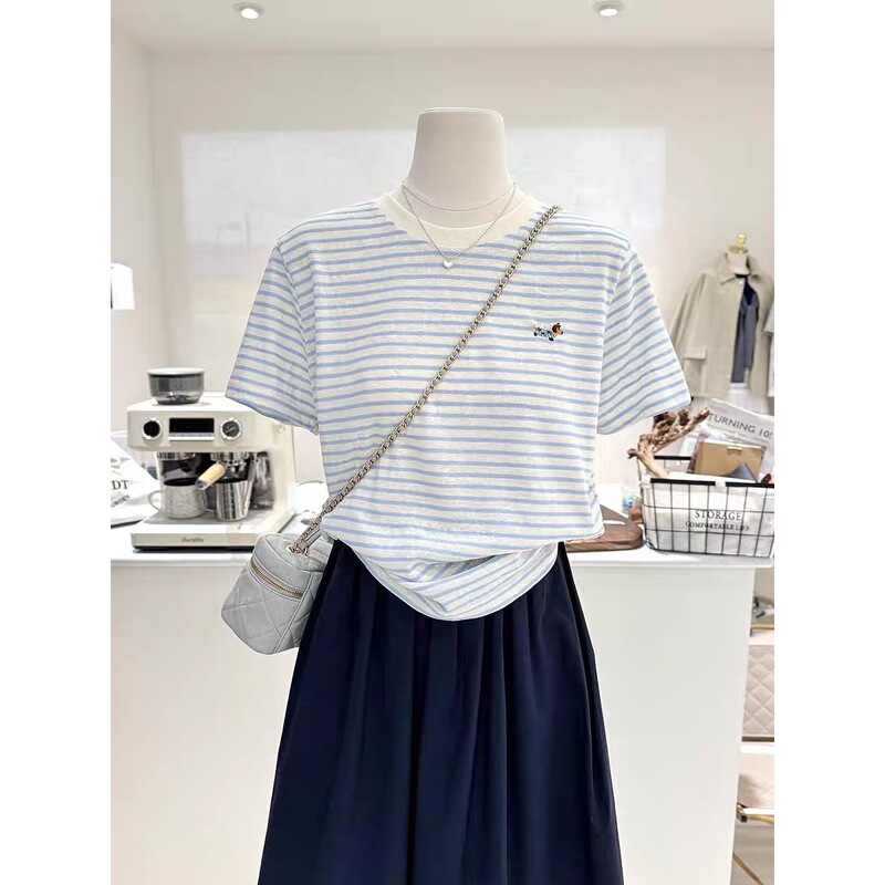 [Fat Girl] American Stripesd Embroidered Puppy Short-Sleeved T-Shirt for Women Summer New Loose Slimming Look Versatile Top