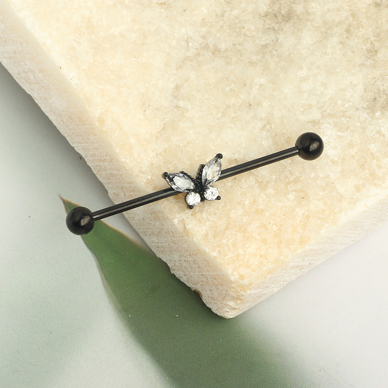 14G External Thread Industrial Barbell Butterfly Zircon Ear Bridge Double Ear Piercing Stud Earrings detail image 8