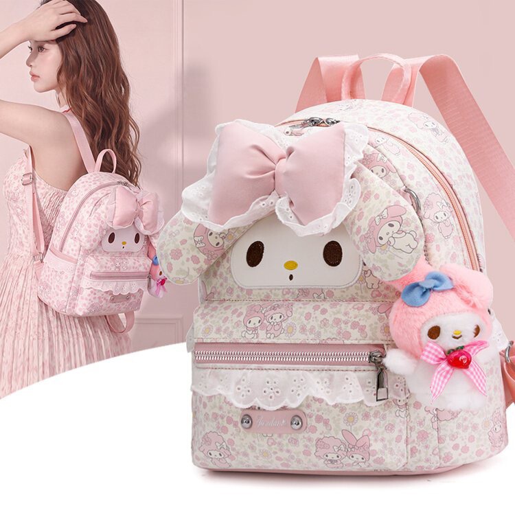 Cute My Melody floral quilted backpack for women, fashionable bowknot student school bag, cute and versatile backpack Cute My Melody floral quilted backpack for women, fashionable bowknot student school bag, cute and versatile backpack