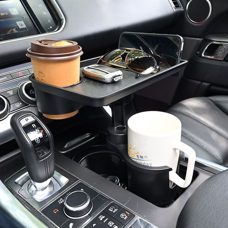 Multifunctional car tray with drink and coffee table, cup holder, phone stand, and passenger-side mini-bar