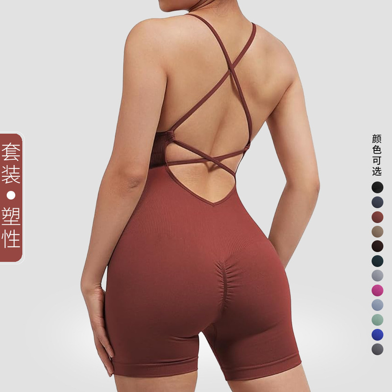 跨境欧美无缝性感蜜桃臀连体衣健身服无尴尬线运动美背连体瑜伽服|undefined