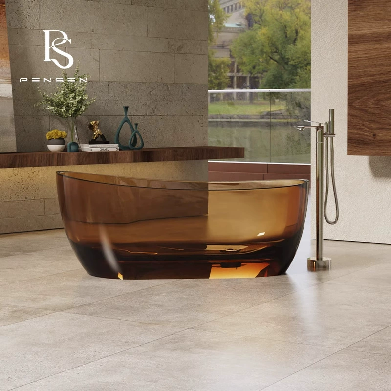 Прозрачная ванна из смолы, отдельностоящая, цельная, художественная, кристально-цветная, для небольших квартир, в стиле легкой роскоши.