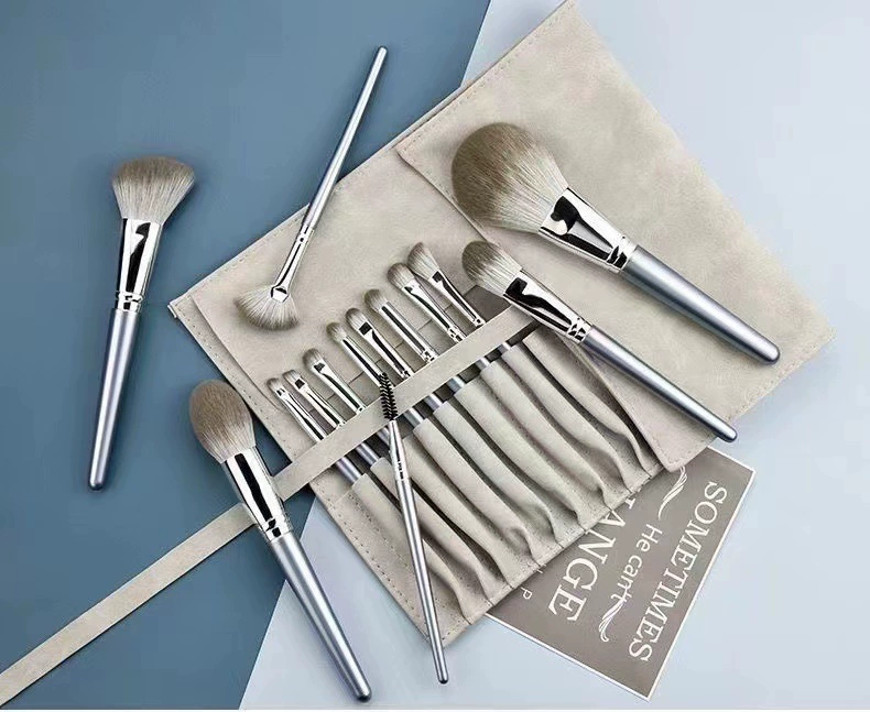 Makeup Brush Set, 14-Piece Foundation & Primer Brushes, Roll Pouch, Silver Handles