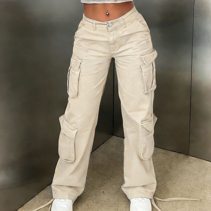 Wt423 European and American Style Work Pants for Women, Loose Denim with Multiple Pockets, Street Style Wide-Leg High-Waisted Slimming Straight Long Jeans