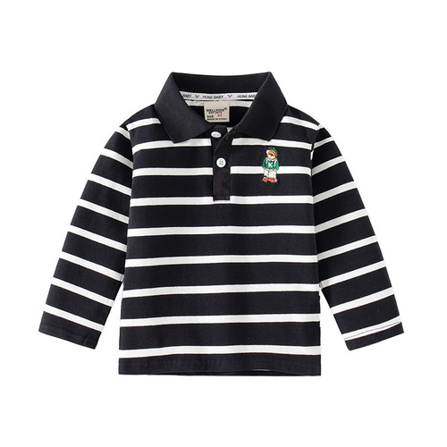 Handsome black and white striped boys' long-sleeved POLO shirt, spring outing casual T-shirt, lapel long-sleeved children's T-shirt
