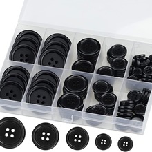 100件树脂缝纫钮扣环保4孔工艺扣子5种尺寸黑色圆形混合钮扣套装