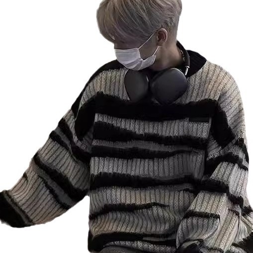 흑백 줄무늬 모헤어 스웨터 남자의 겨울 두꺼운 게으른 스타일 니트 스웨터 디자인 아메리칸 스타일 레트로 재킷