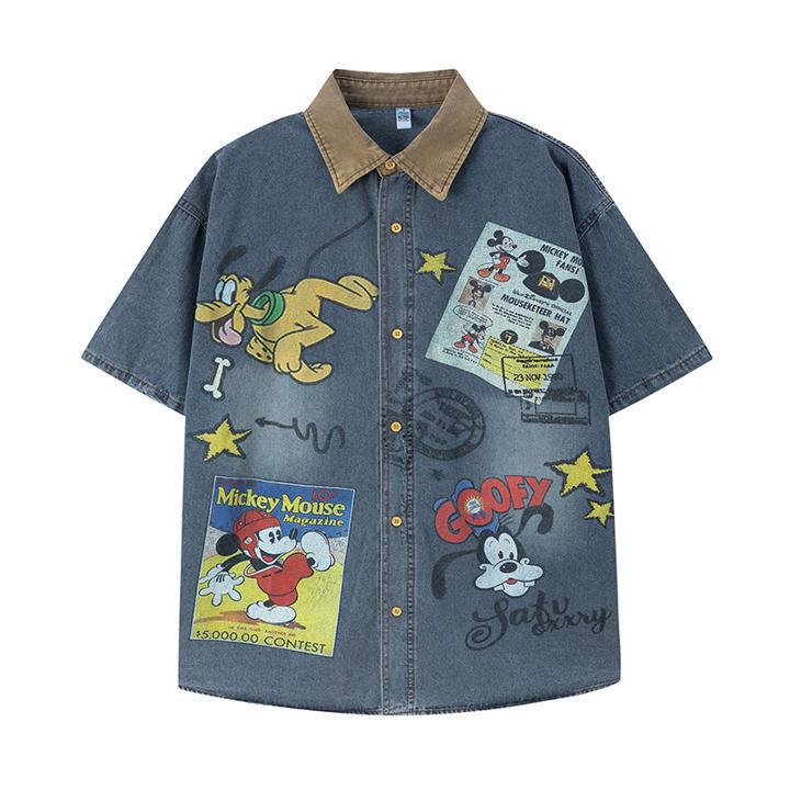 American Retro Ins-Style Fun Mickey Washed Denim Shirt for Men and Women, Niche Loose Casual Couple Short-Sleeve Shirt American Retro Ins-Style Fun Mickey Washed Denim Shirt for Men and Women, Niche Loose Casual Couple Short-Sleeve Shirt