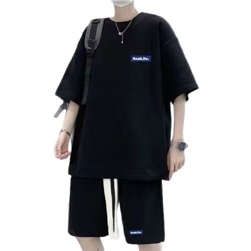 Casual Sports suit Men's Loose Summer Short-sleeved T-shirt Waffles Men's Clothing Set with Handsome Shorts