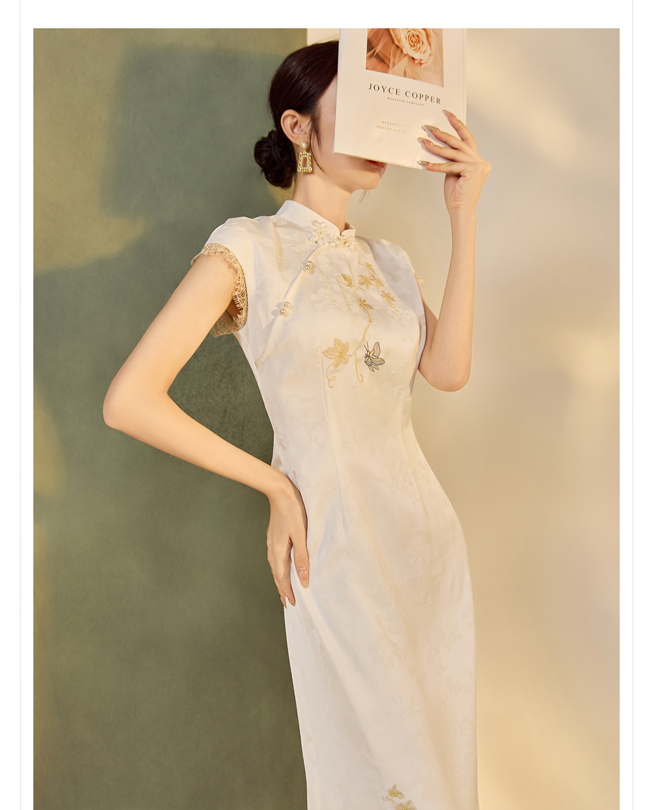Đầm tay phồng cổ đứng phong cách Trung Hoa mùa hè, sườn xám thêu cải tiến cao cấp — Màu trắng, Màu mơ chi tiết 30