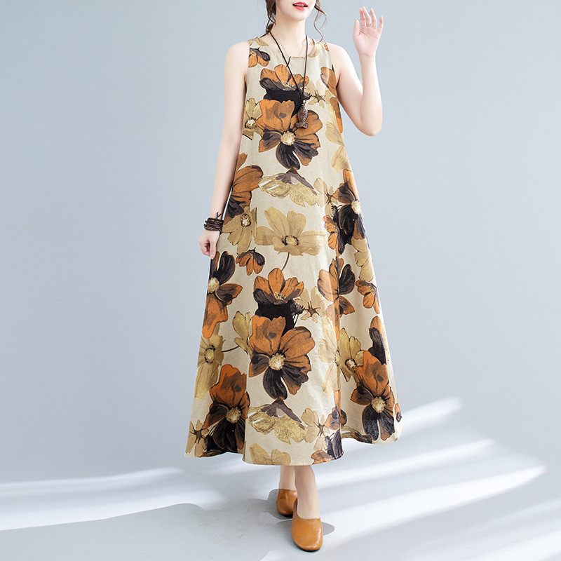 Vestido midi estampado sem mangas com gola redonda, estilo boêmio, plus size, para o verão de 2024._voghion.com