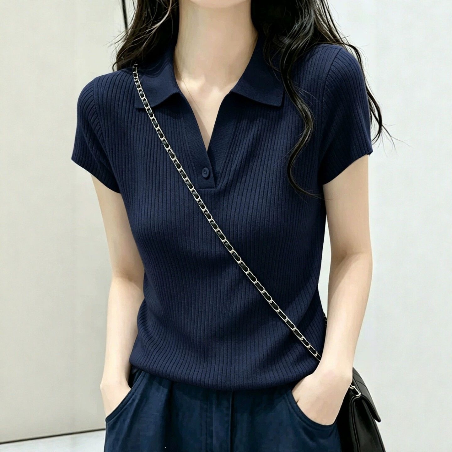 zj821 Korean style polo shirt, slim fit, short sleeve knitwear, women's summer new style, V-neck, versatile base layer.