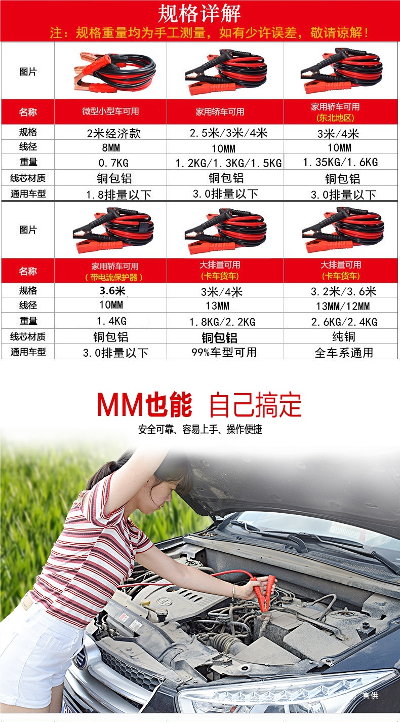 Car Battery Jumper Cables Pure Copper Jumper Cables for Connecting Batteries, Jiaohuanglong Clips, Car Ignition Connection Cables, Peihui