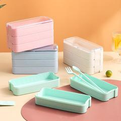 Japanese wheat straw three-layer insulated lunch box student meal portable lunch box with spoon, fork and chopsticks divided lunch box