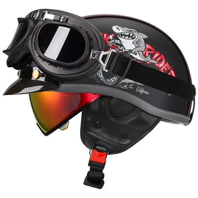 Motosiklet kaskı (dəbilqə) – All-Season Motorcycle Half Helmet Electric Motorcycle - yahei-shark-bully-aurora-red-mirror-black-frame-mirror-m