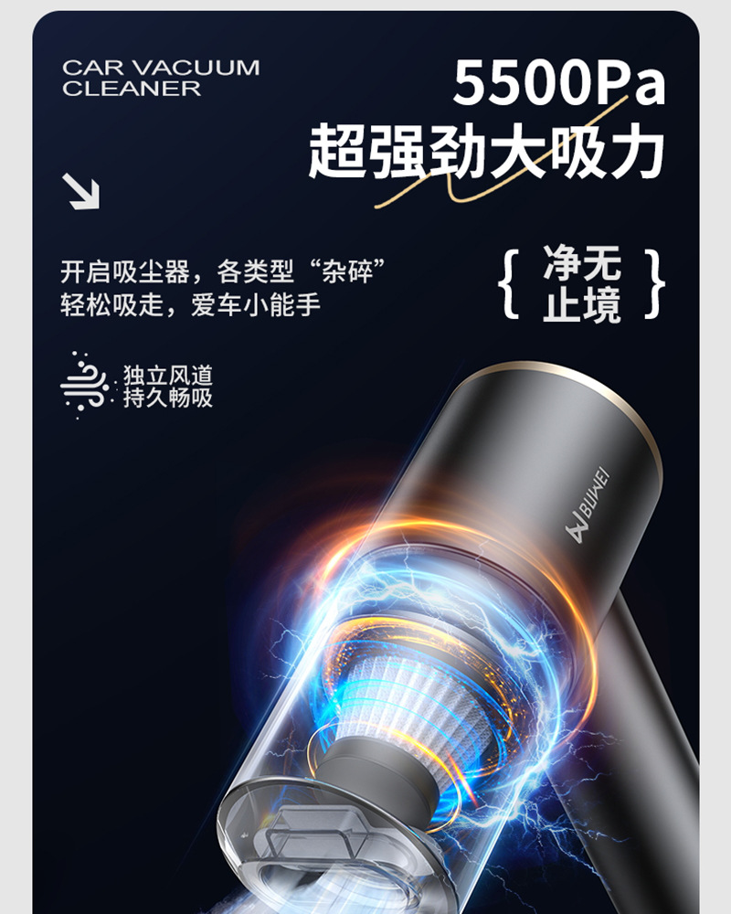 Buwai Car Vacuum Cleaner, Handheld, Small, High Suction Power, for Car Interior and Home Use, Wireless, Cross-Border
