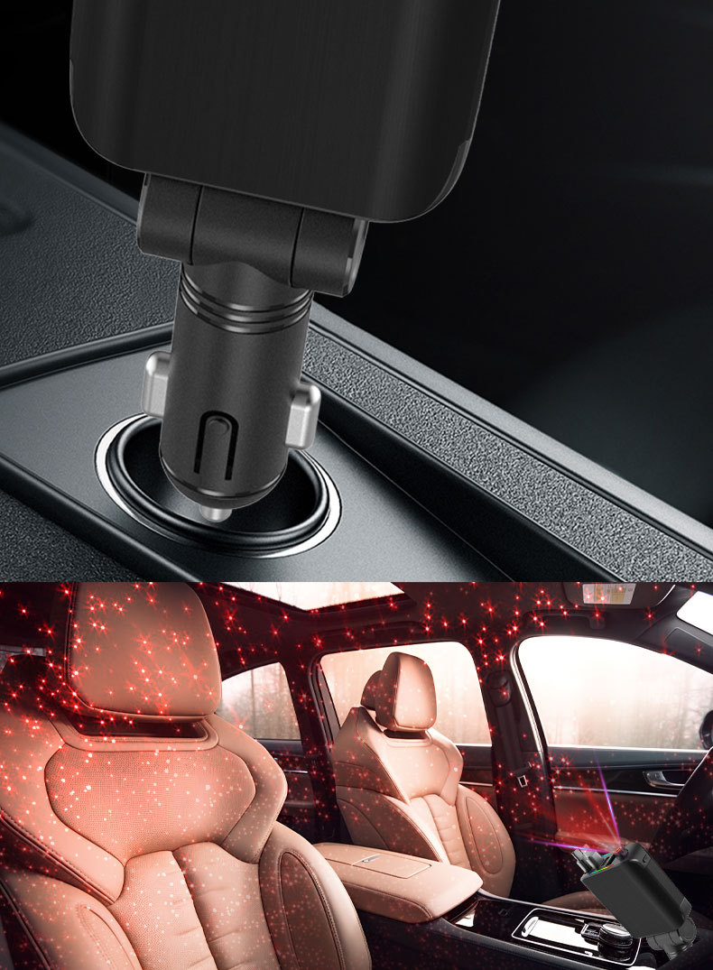 Cross-border car charger E1 supports 120W super-fast charging, features a retractable cable, and includes a starry sky ambient light and a cigarette lighter socket