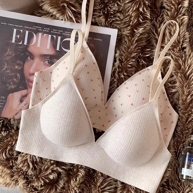 작은 가슴을 가진 여성을 위한 달콤하고 다재다능한 심리스 속옷, 작은 꽃무늬, 와이어 없음, 흐트러진 부드러운 지지력, 편안한 얇은 브라