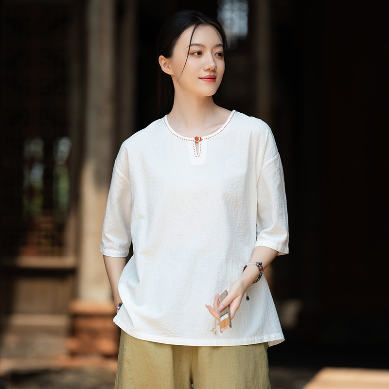 26 Summer Cotton and Linen Women's Clothing New Style Chinese Retro Button Hand-Sewn Round Neck Pullover Top Women's Shirt T-Shirt