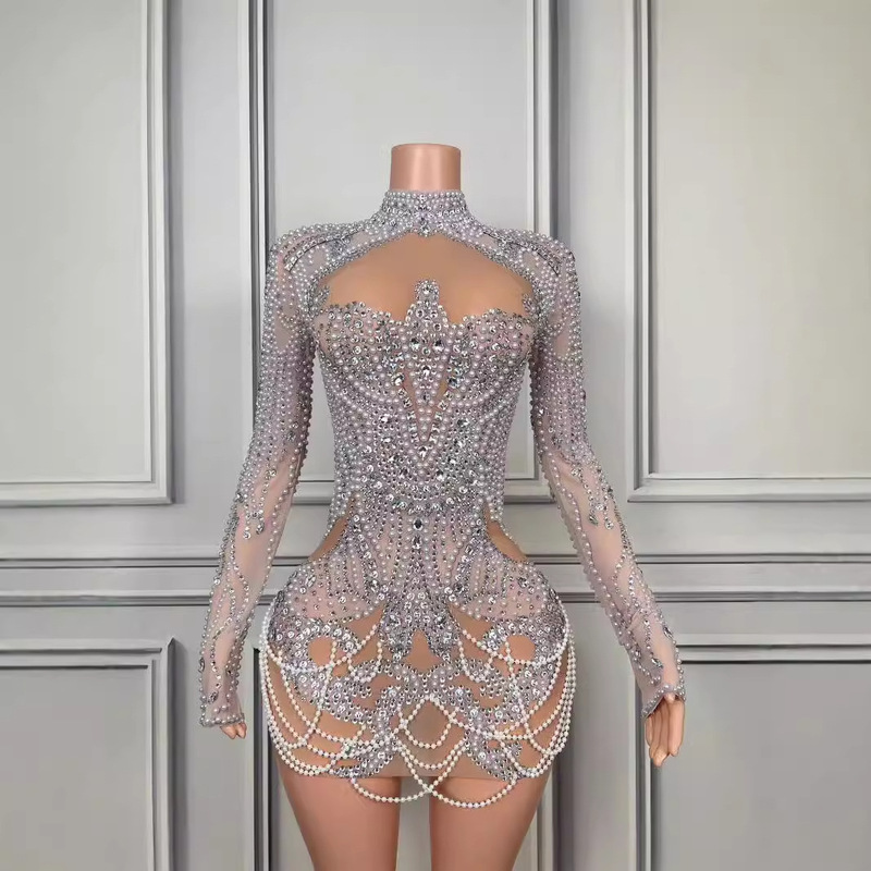 European and American Export Women's Clothing New Silver Sexy Lace See-Through Beaded Hot Diamond Hip Sexy Stage Dress