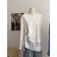 21 women's lace edge splicing long-sleeved T-shirt, new for 2025 spring and autumn, for layering and casual wear