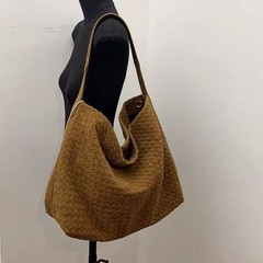 跨境单肩包女纯手工编织包秋冬磨砂皮托特包包女高级感腋下水桶包