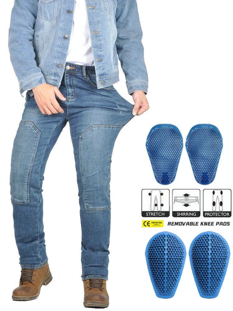 VOLERO Motocicleta Vaqueros Ropa de trabajo casual para hombre Elástico Retro Motocicleta Ciclismo Pantalones anti-caída Protector de silicona