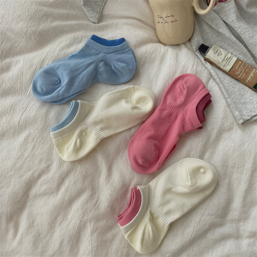 Ins style color-blocked summer socks for women, thin mesh breathable boat socks, solid color combed cotton, white sports socks for men