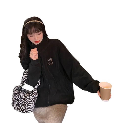 Warm Thick Wool Fleece Embroidered High Collar Zip-up Sweater for Women, Insulated Plush Outerwear