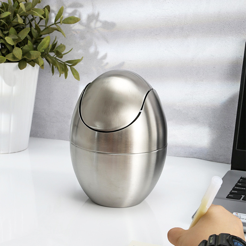 Covered Mini Desktop Trash Can 304 Stainless Steel Accessible Luxury Coffee Table Trash Can Creative Household Eggshell Waste Paper Basket