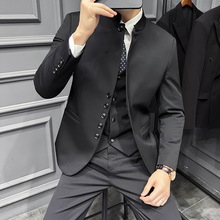 潮流新中式立领西装三件套男士英伦感修身纽扣装饰西服套装