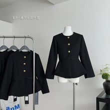 芊语 黑色小香风毛呢外套秋季褶皱收腰显瘦高级感气质上衣女