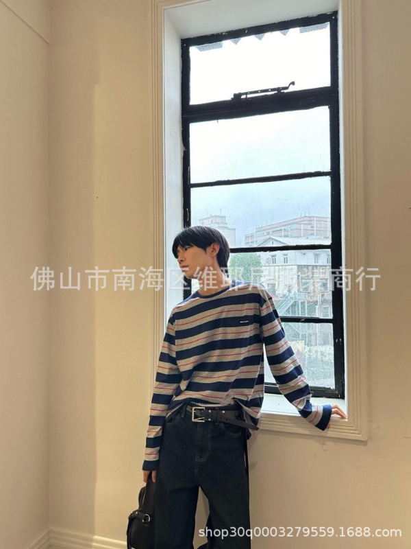 高品质 M1U家口袋字母贴布条纹长袖衫日系清新百搭运动打底T恤潮|undefined