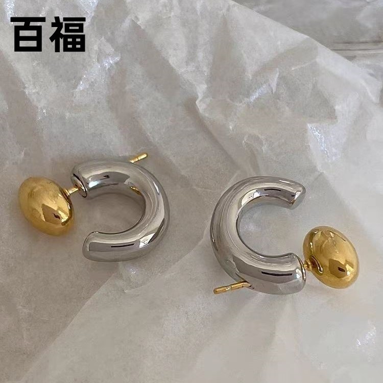 韓版時尚簡約半圈開口橢圓輕奢金銀拼色小巧耳環女甜美少女耳飾