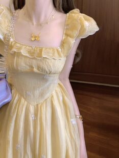 Yellow summer dress, fitted brace, long skirt, french style, flowered, princess style