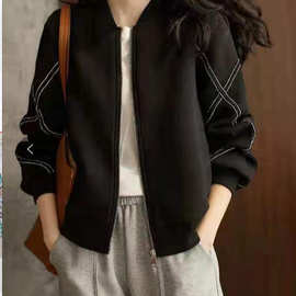 韩版设计感交叉链条长袖夹克棒球服女装秋冬新款宽松休闲开衫外套