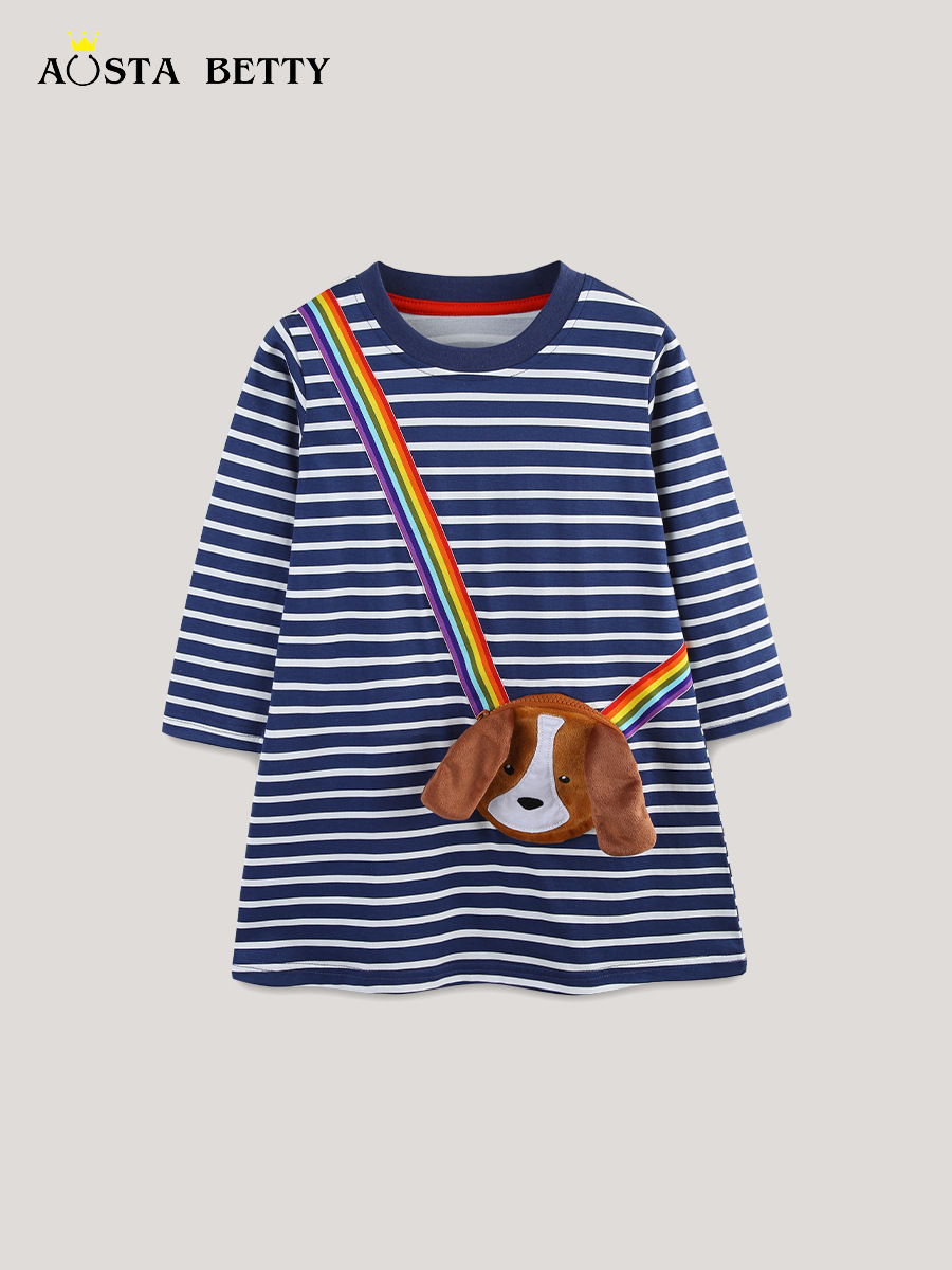 Otoño nuevo estilo vestido de niña parche de moda de estilo europeo y americano vestido de princesa para niños pequeños y medianos cuello redondo a rayas falda de manga larga para niños