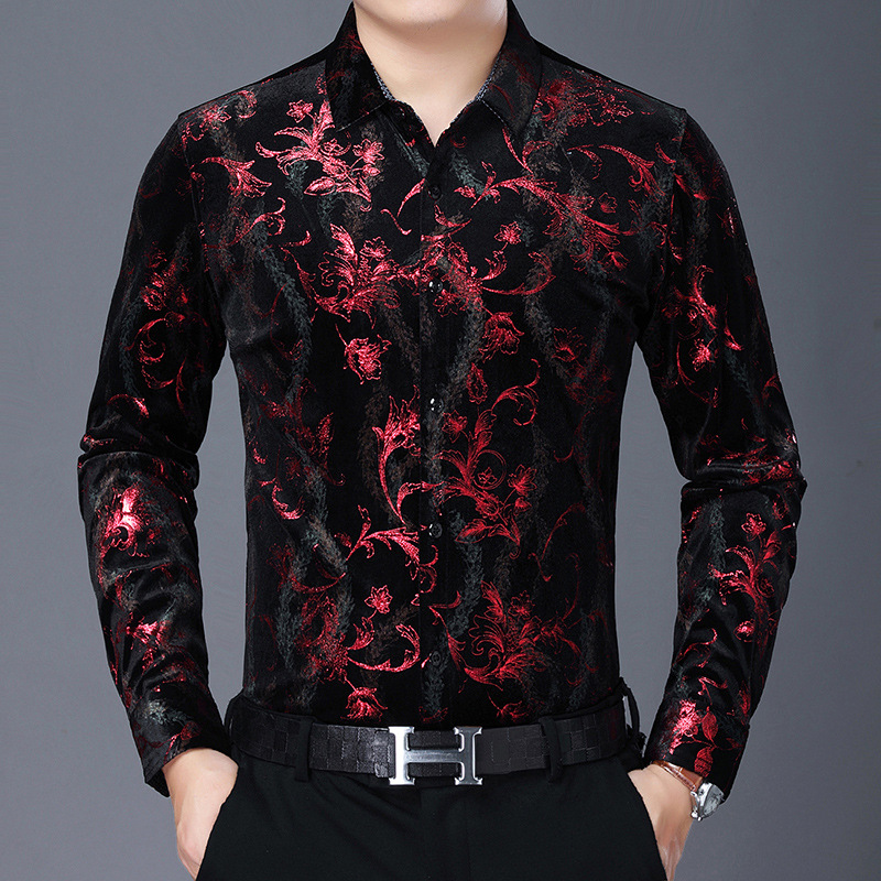 Camisa casual de manga larga para hombres nueva camisa artística de flores de solapa otoño Camisa de hombre de mediana edad de marca de moda transfronteriza europea y americana para hombres