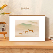 两联水墨写意麋鹿国画禅意书法中式简约装饰画挂画油画布画芯喷绘