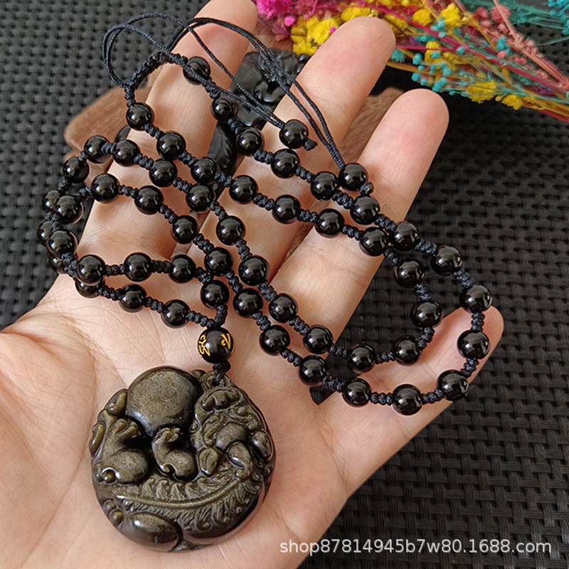 간단한 개폐식 비드 체인 골드 흑요석 브레이브 볼 (직경 약 35mm)