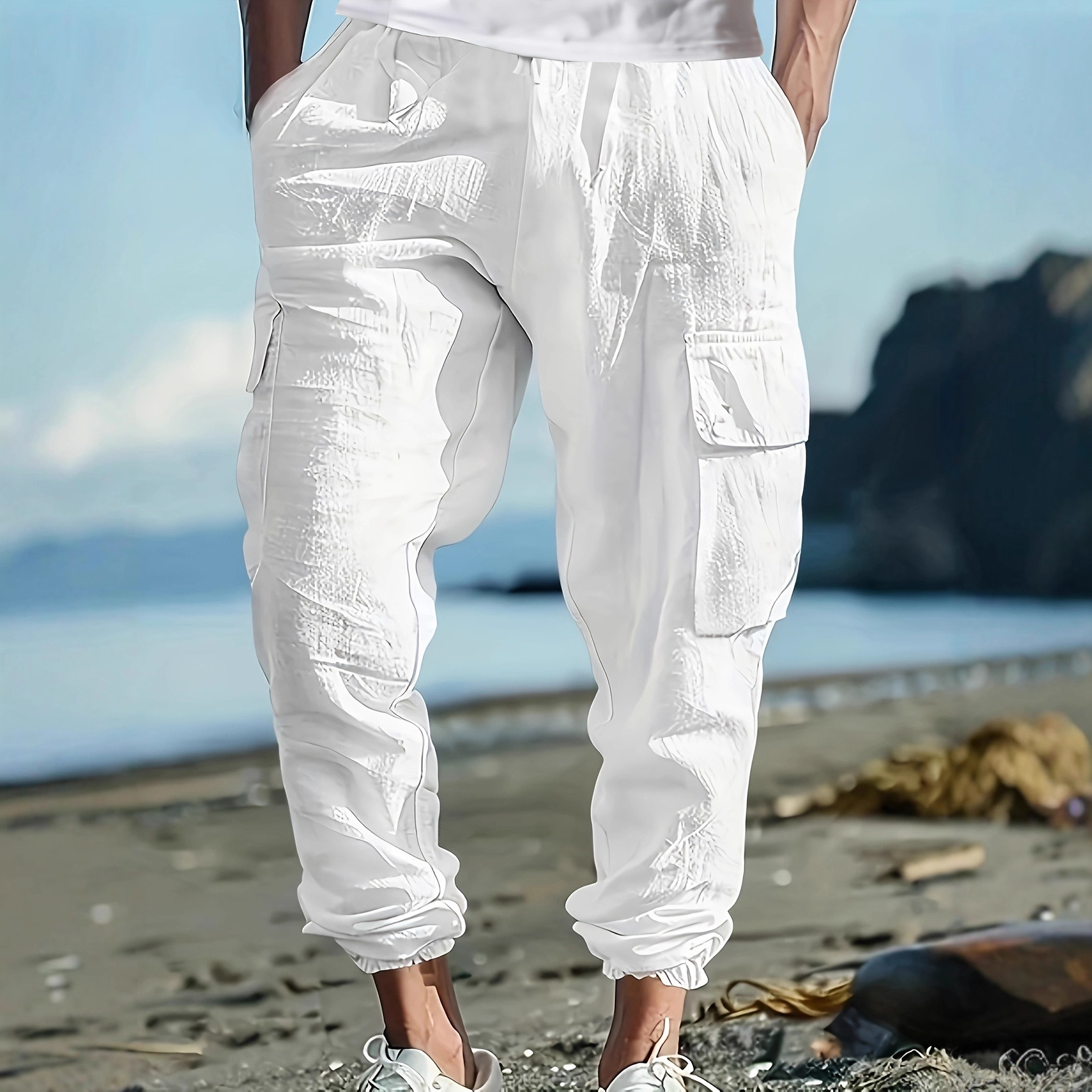 Men's Linen-Cotton Casual Jogger Pants, Relaxed Fit Drawstring Multi-Pocket Trousers For Autumn_viptrois.com