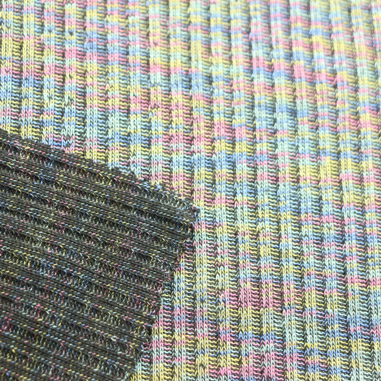 锻彩罗纹布针织纬编七彩段彩棉涤黑纱CVC粗针3x2罗纹布料服装面料