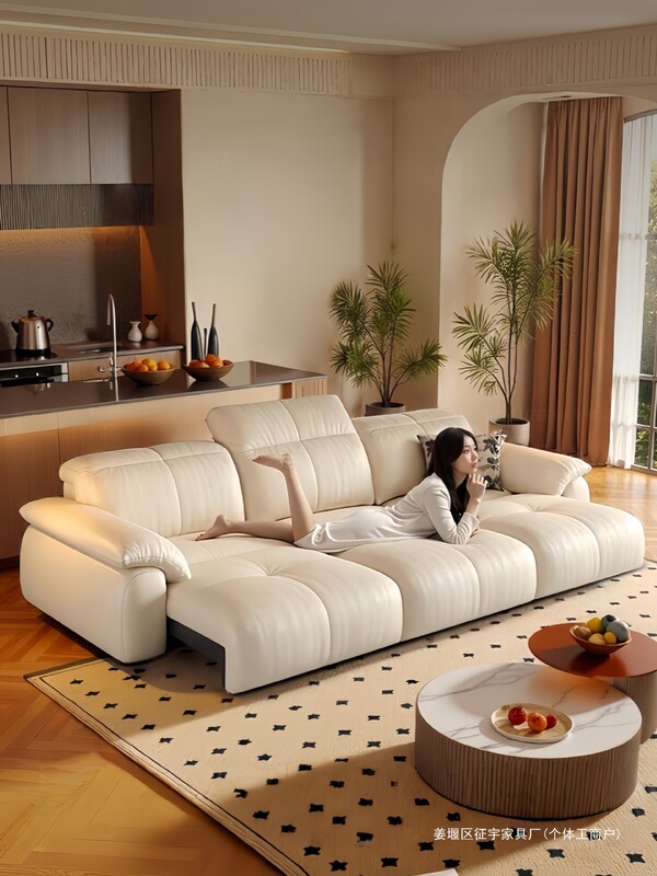 Genuine Leather Sofa Bed with Top-Layer Cowhide, Wall-Leaning, Cream-Colored, for Living Room, Electric Multifunctional Extendable and Adjustable Sofa Genuine Leather Sofa Bed with Top-Layer Cowhide, Wall-Leaning, Cream-Colored, for Living Room, Electric Multifunctional Extendable and Adjustable Sofa