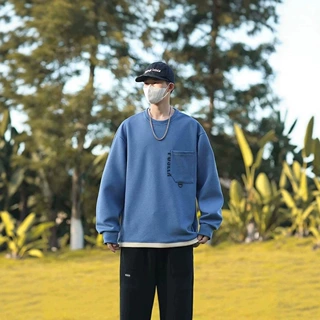 男士经典简约加肥加大码休闲卫衣秋季男美式时尚假两件圆领卫衣