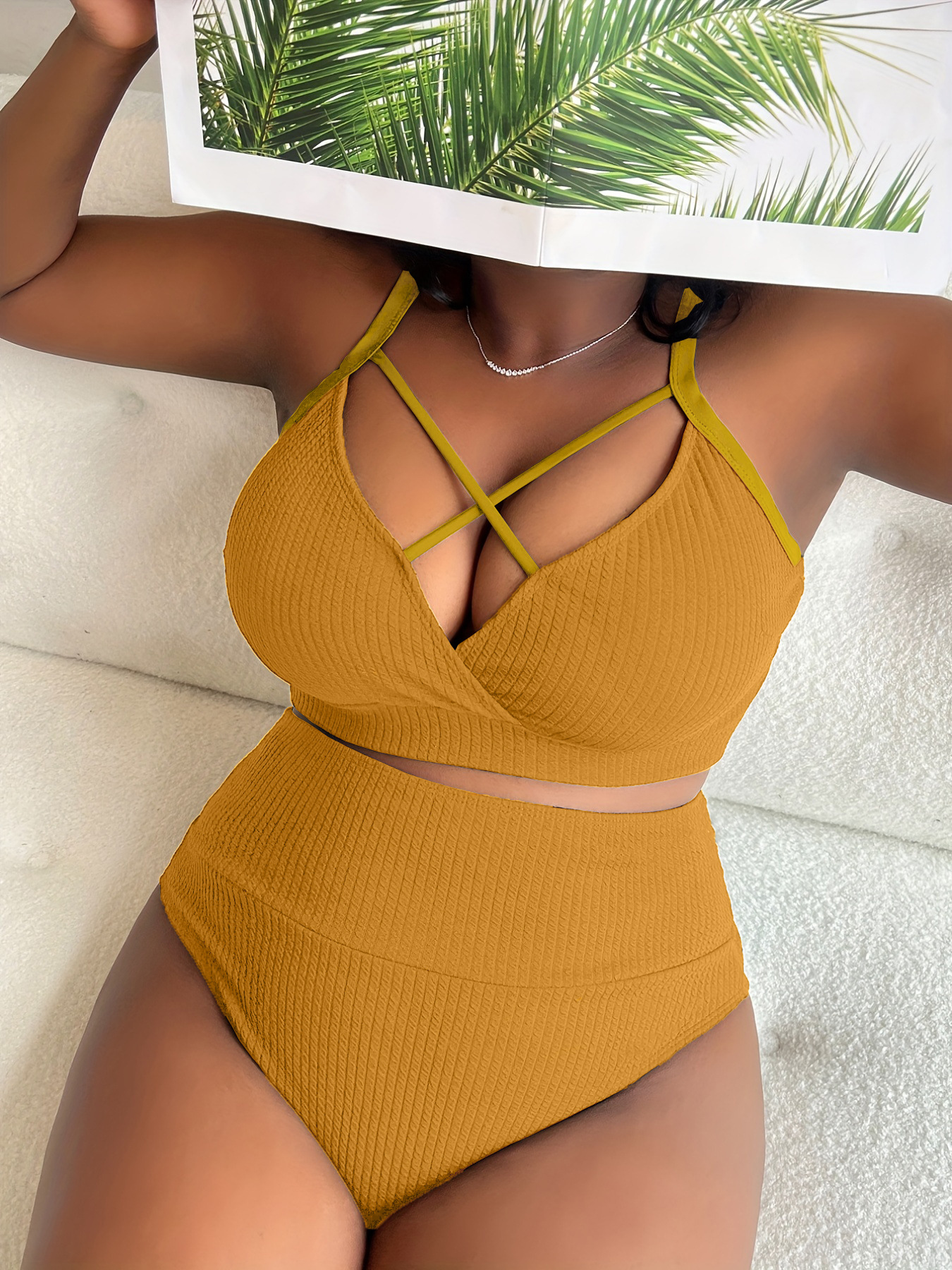 New European And American Foreign Trade Sexy Solid Color High-Waisted Bikini Swimsuit For Plus-Size Women P005_ecoleips.com