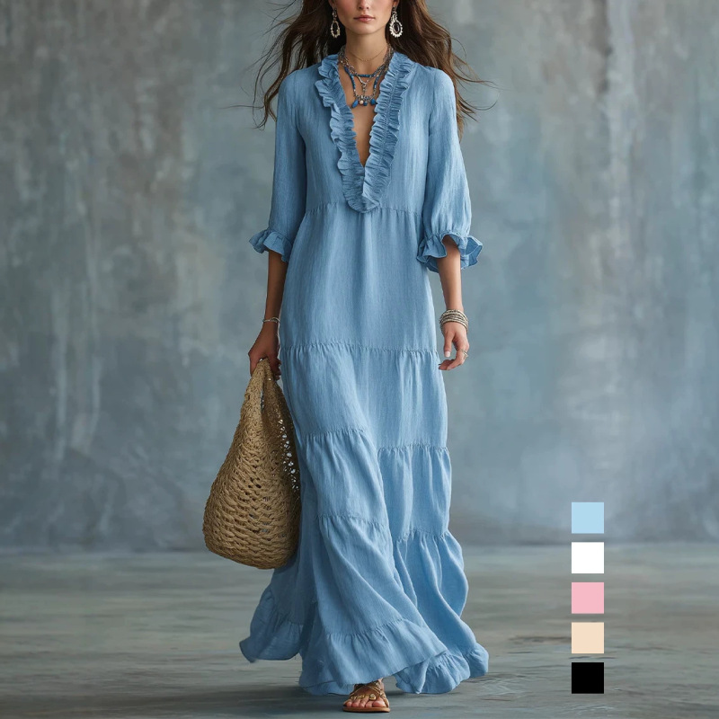 European and American Cross-Border Amazon Tk Women's Bohemian V-Neck Layered Casual Flowing Long Ruffle Dress European and American Cross-Border Amazon Tk Women's Bohemian V-Neck Layered Casual Flowing Long Ruffle Dress