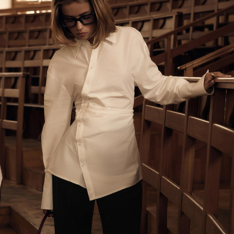 2025 New Cotton White Lapel Long-Sleeved Waist Women's Shirt Cross Design Asymmetrical Cardigan Top